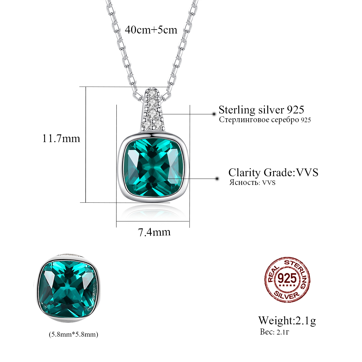 Emeralds Square Pendant Sterling Silver Necklace
