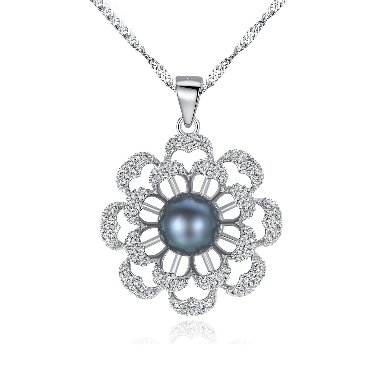 Rhodium Plated Pearl Flower Water Wave Chain Sterling Silver Necklace