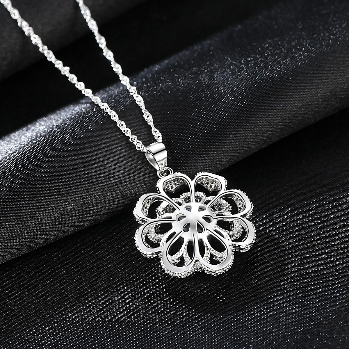 Rhodium Plated Pearl Flower Water Wave Chain Sterling Silver Necklace