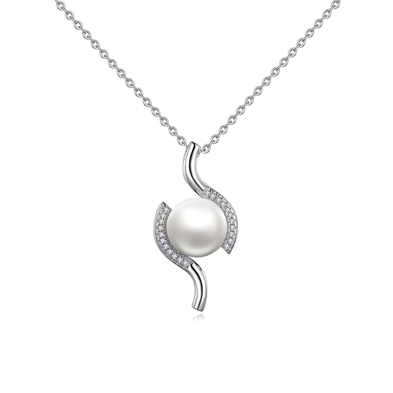 Rhodium Plated Cz Freshwater Pearl Pendant Sterling Silver Necklace