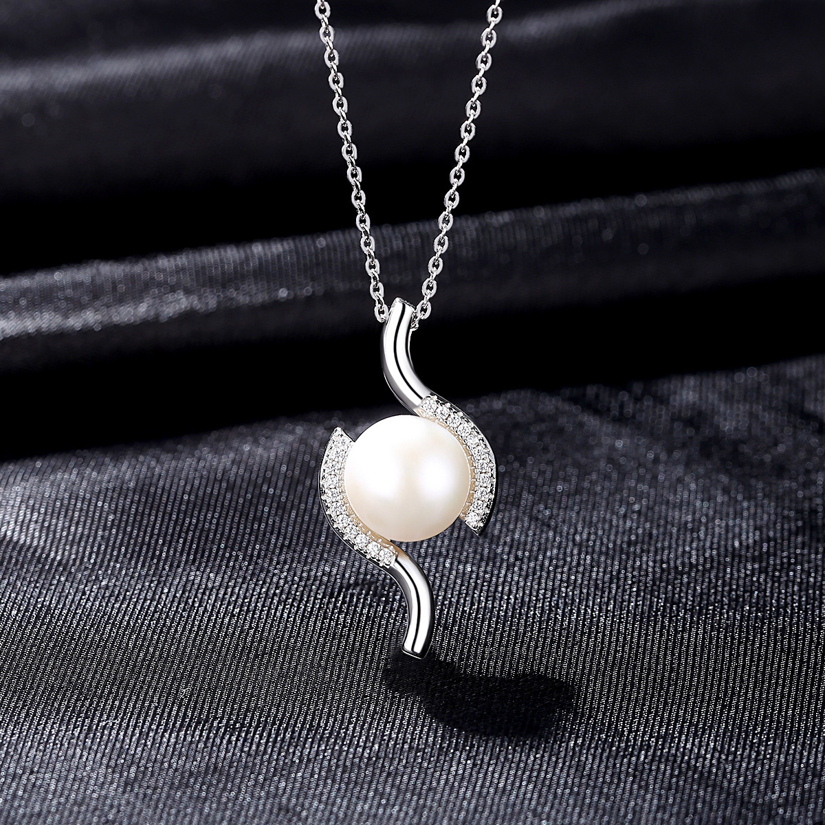 Rhodium Plated Cz Freshwater Pearl Pendant Sterling Silver Necklace