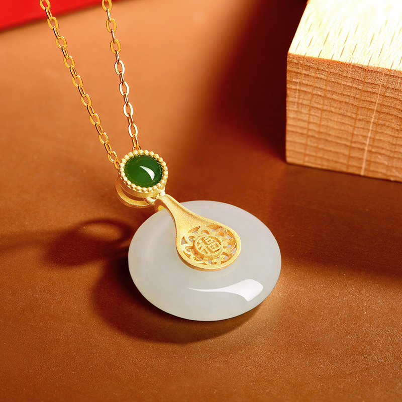 18K Gold Plated Fashion Hetian Jyufu Button Sterling Silver Necklace