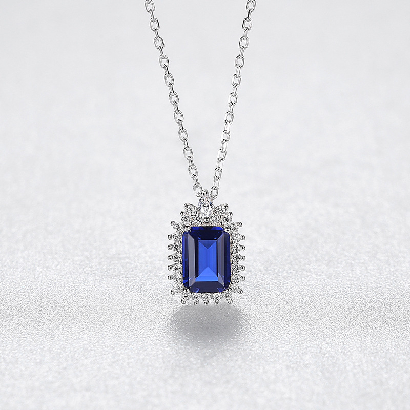 Rhodium Plated Square Dark Blue Saphire Sterling Silver Necklace