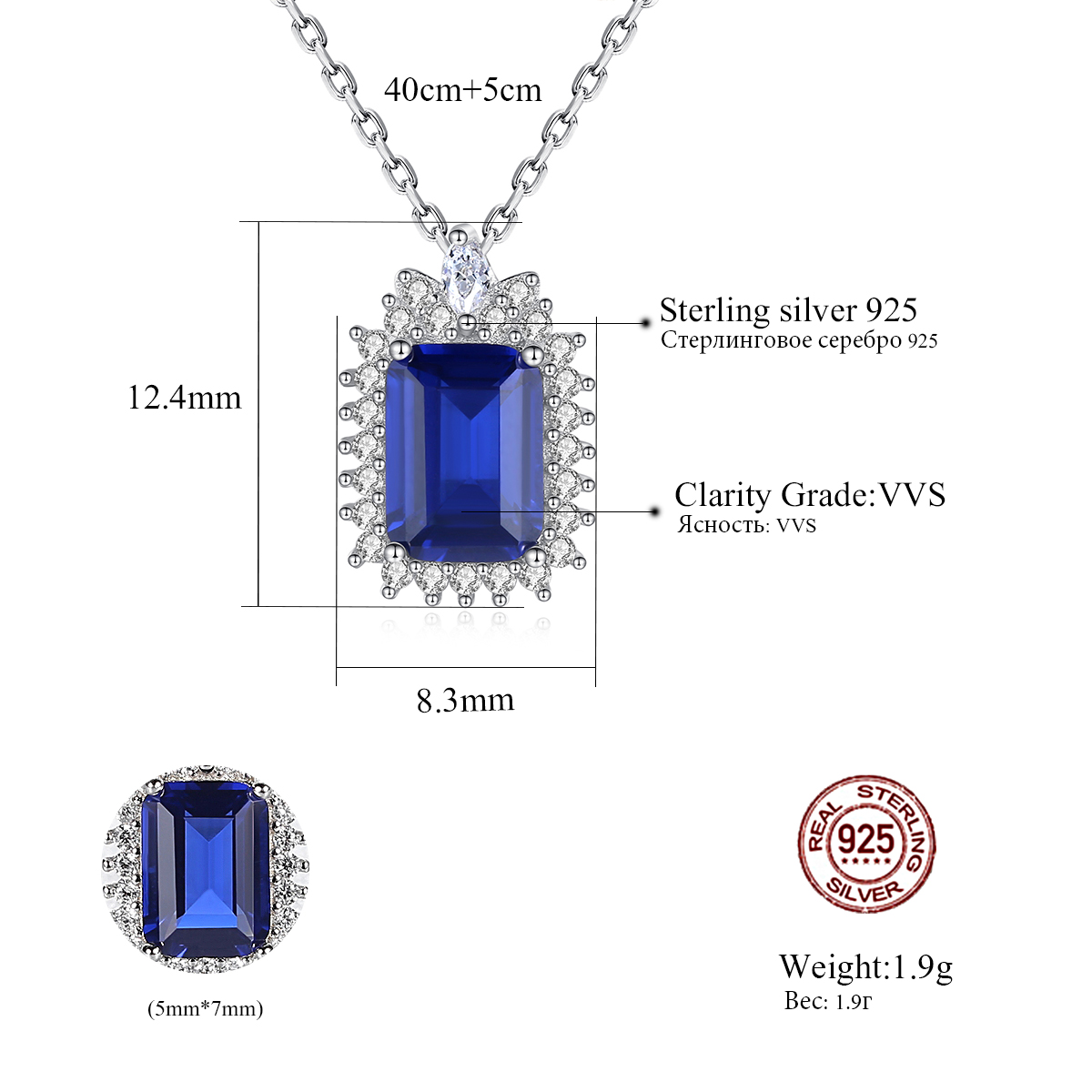 Rhodium Plated Square Dark Blue Saphire Sterling Silver Necklace
