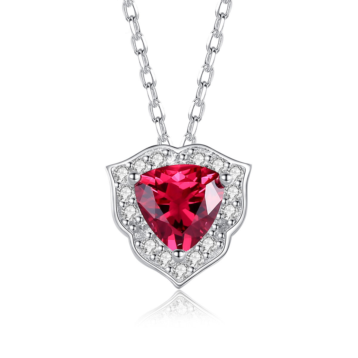 Rhodium Plated VVS Red Ruby Triangle Jewel Sterling Silver Necklace