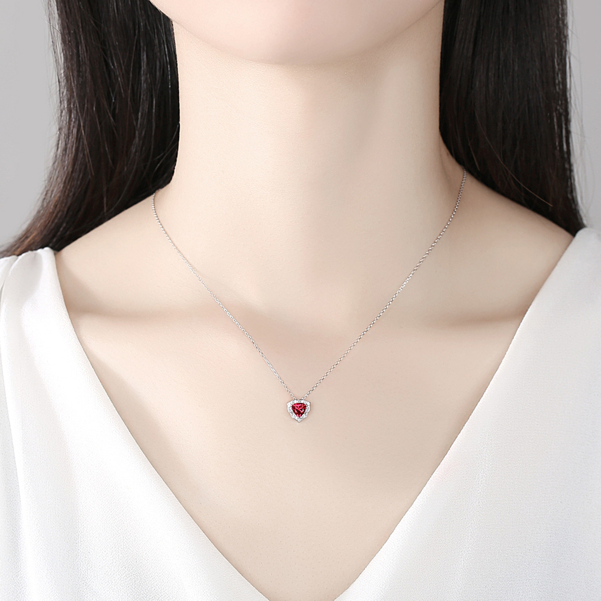 Rhodium Plated VVS Red Ruby Triangle Jewel Sterling Silver Necklace