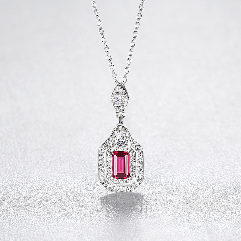 Rhodium Plated VVS Red Ruby Square Treasure Sterling Silver Necklace