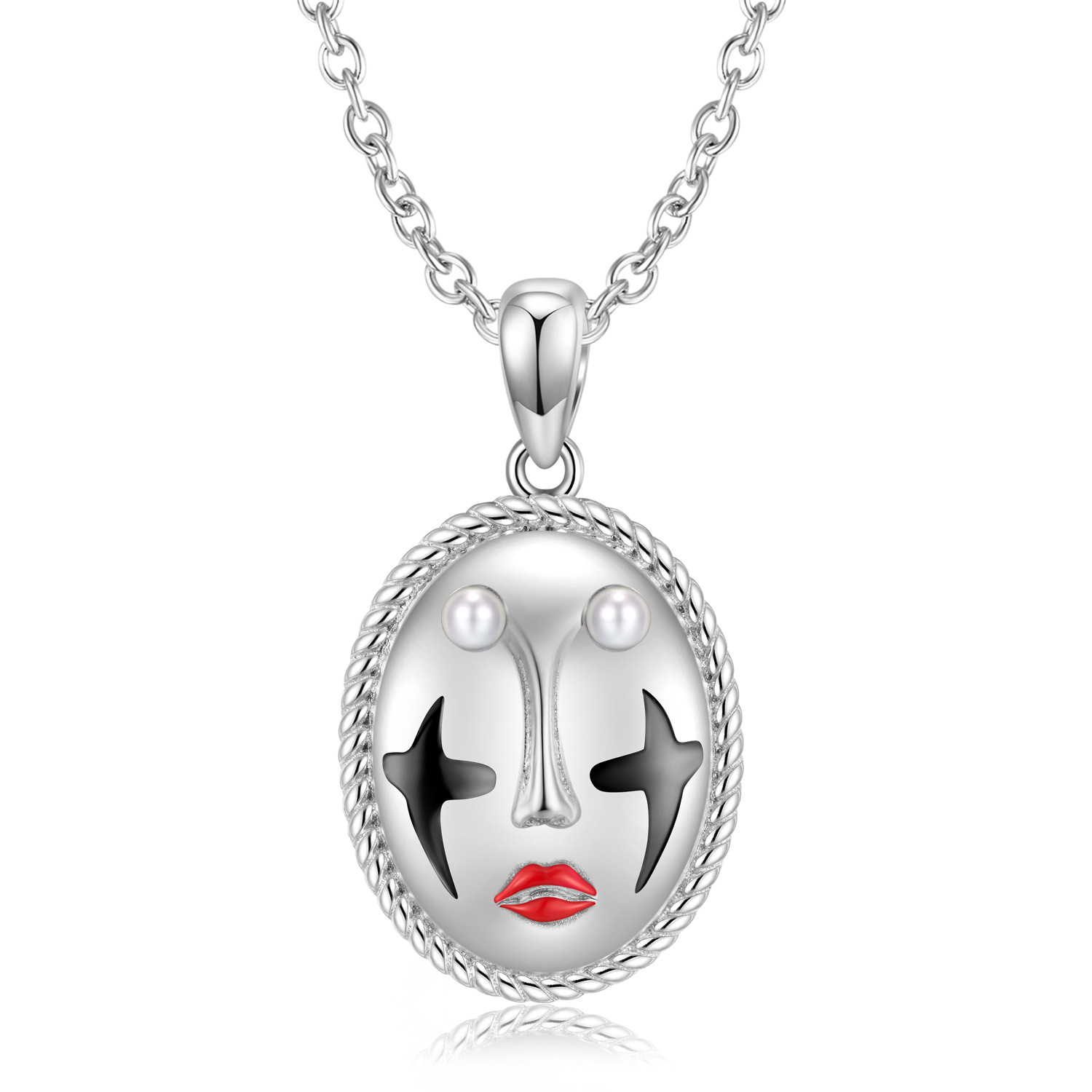 White Pearl Clown Mask Sterling Silver Pendant Necklace