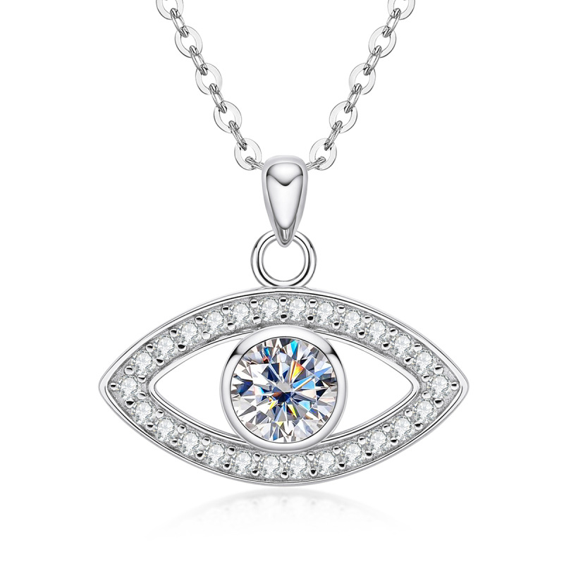 1Ct Clamosan Moissanite Round Evil Eye Sterling Silver Pendant Necklace