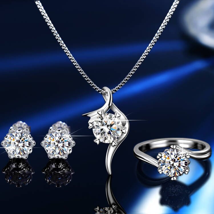 Cz Sterling Silver Ring Stud Necklace Set