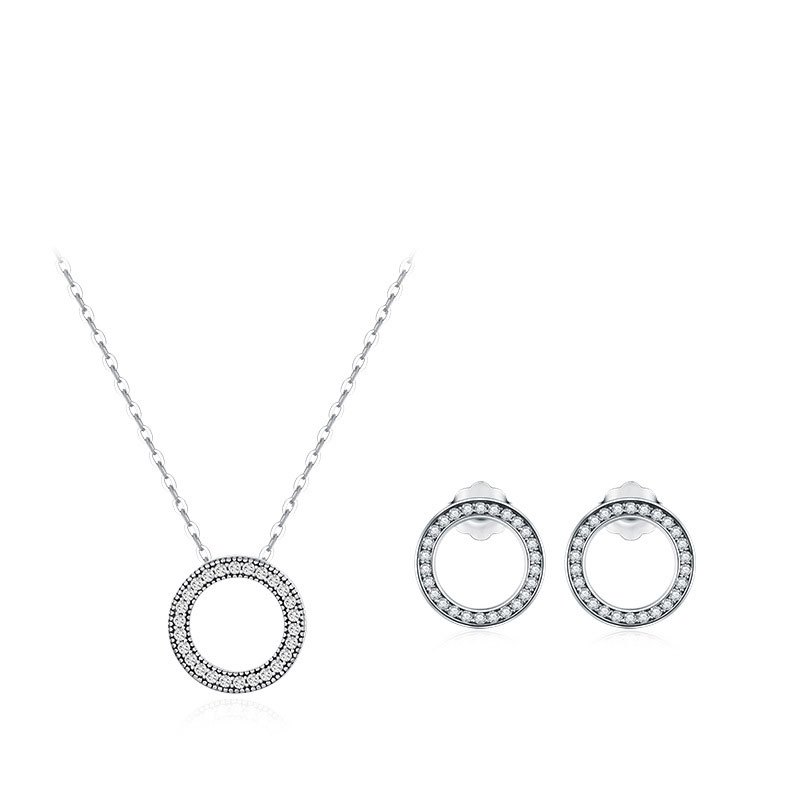 Cz Simple Retro Round Full Diamond Sterling Silver Necklace Earring Set