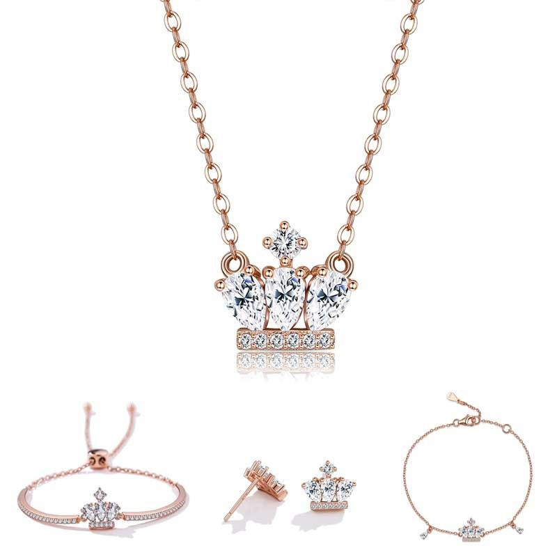 Cz Fashion Crown Sterling Silver Necklace Earring 2 Pc Bracelet Set