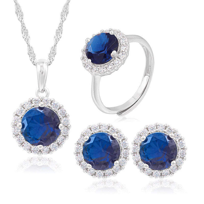 3A Cz Fashion Color Treasure Sterling Silver Necklace Earring Ring Set