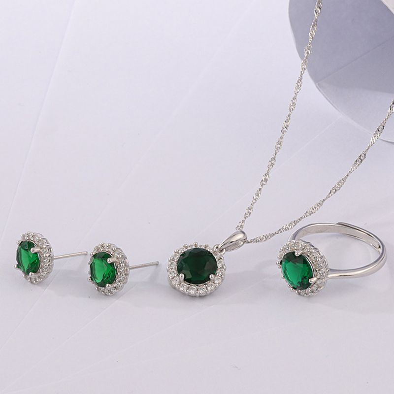 3A Cz Fashion Color Treasure Sterling Silver Necklace Earring Ring Set