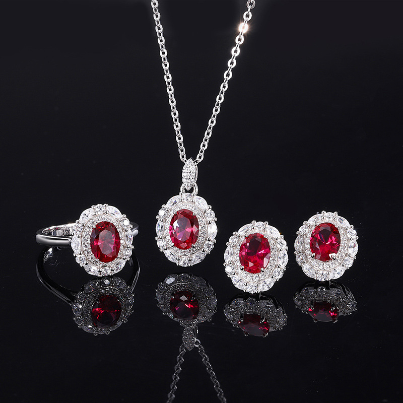 Ruby Sterling Silver Necklace Earring Ring Set