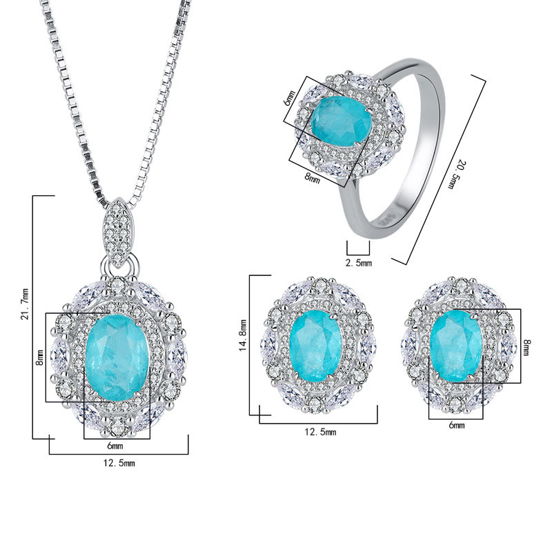 Crystal Full Body Imitation Paraiba Sterling Silver Necklace Earring Ring Set