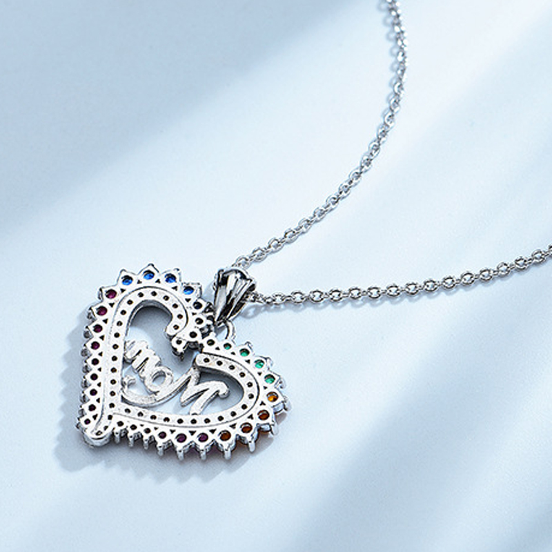 Mom Letter Inlaid With Color Diamond Heart Necklace Sterling Silver Ring Set