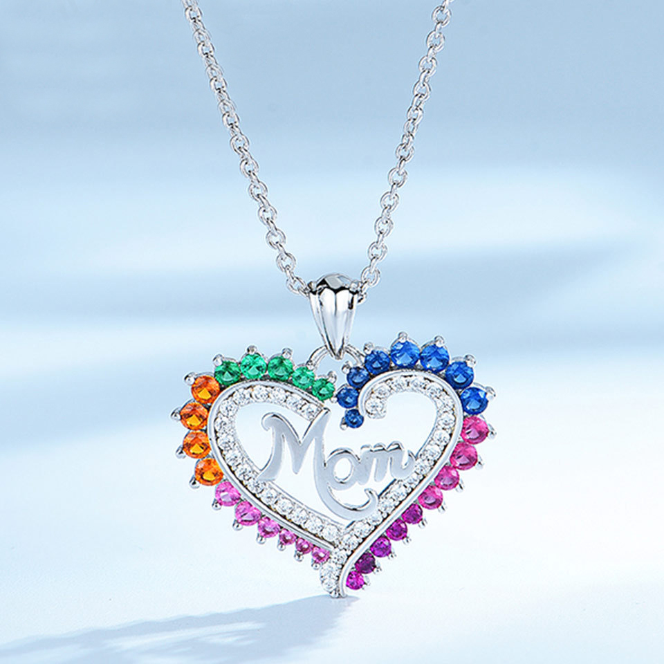 Mom Letter Inlaid With Color Diamond Heart Necklace Sterling Silver Ring Set