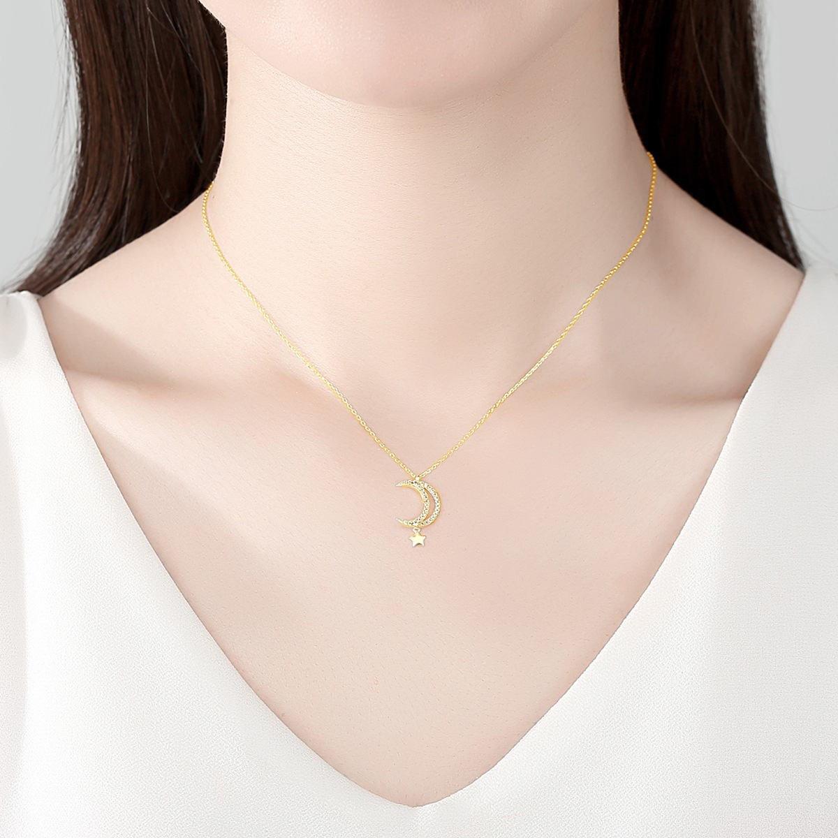 14K Gold Platted Cz Sterling Silver  Moon Necklace