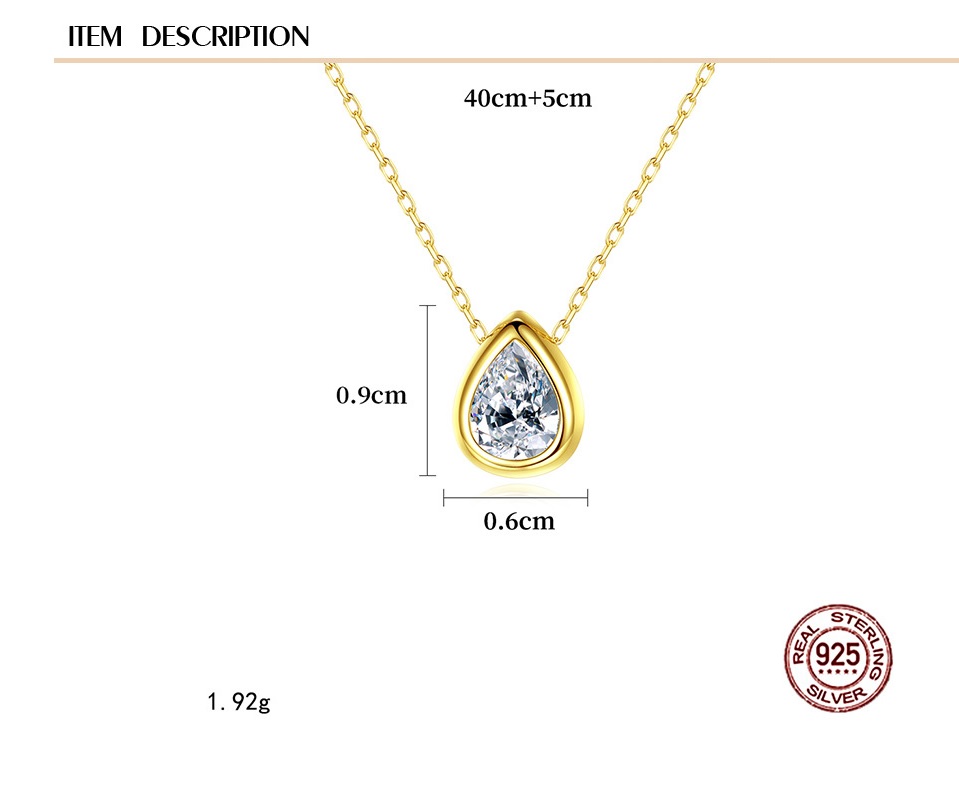 18K Gold Platted Micro-Set Cz Drop Sterling Silver Pendant Necklace