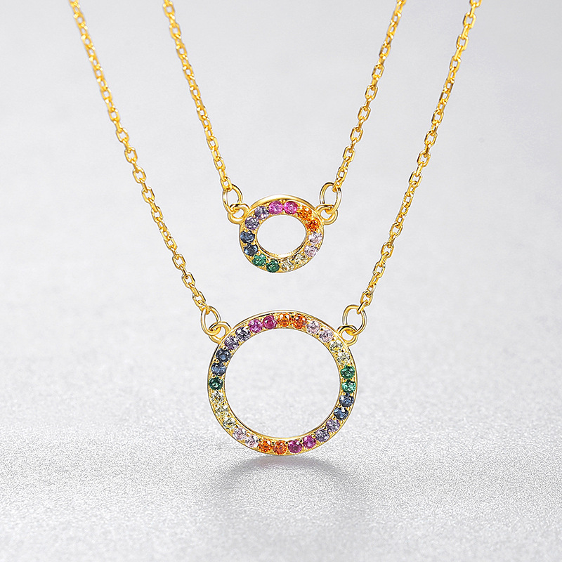 Geometric Double Circle Rainbow Cz Pendant Sterling Silver Necklace