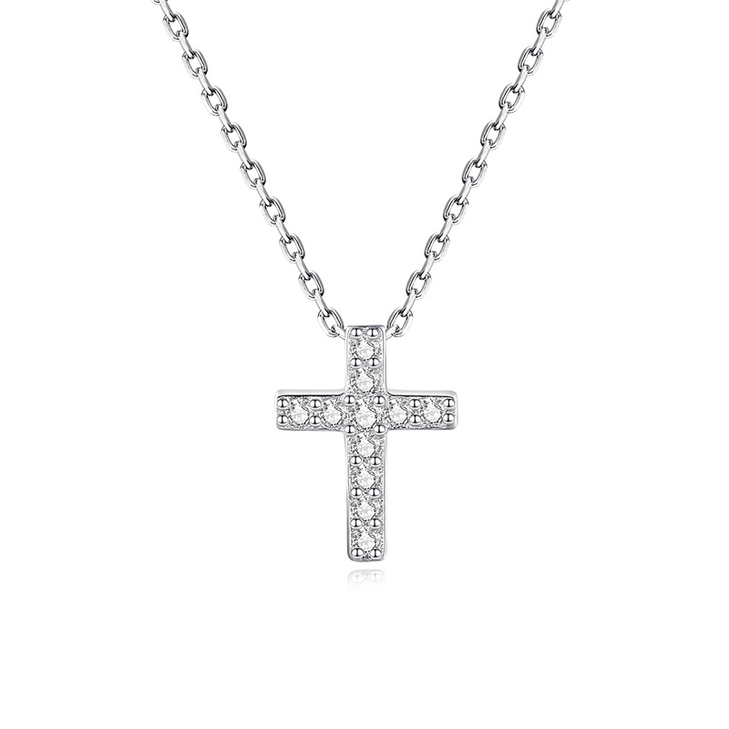 Rhodium Plated Cross Sterling Silver Chain Pendant Necklace