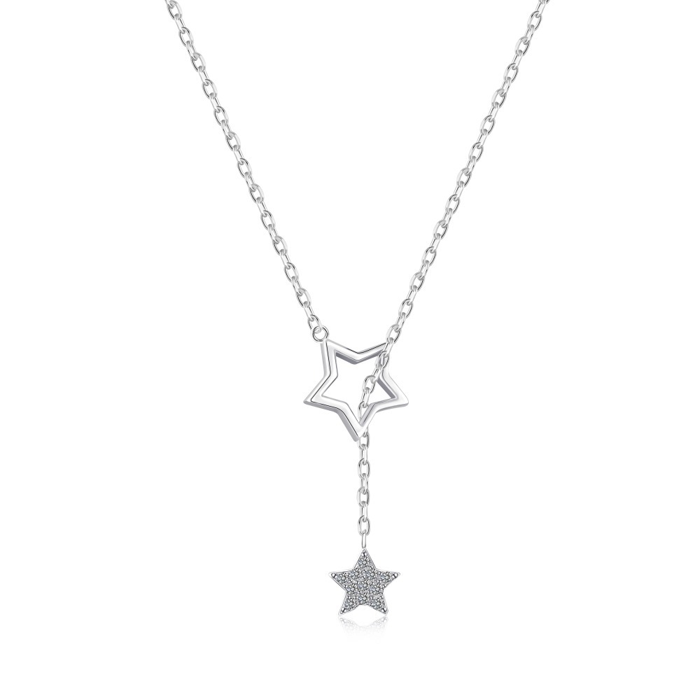 Cz Simple Hollow Rhodium Plated Star Sterling Silver Necklace
