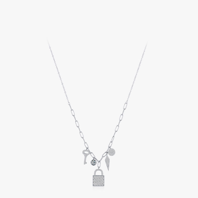 Cz Rhodium Plated Lock And Key Sterling Silver Necklace