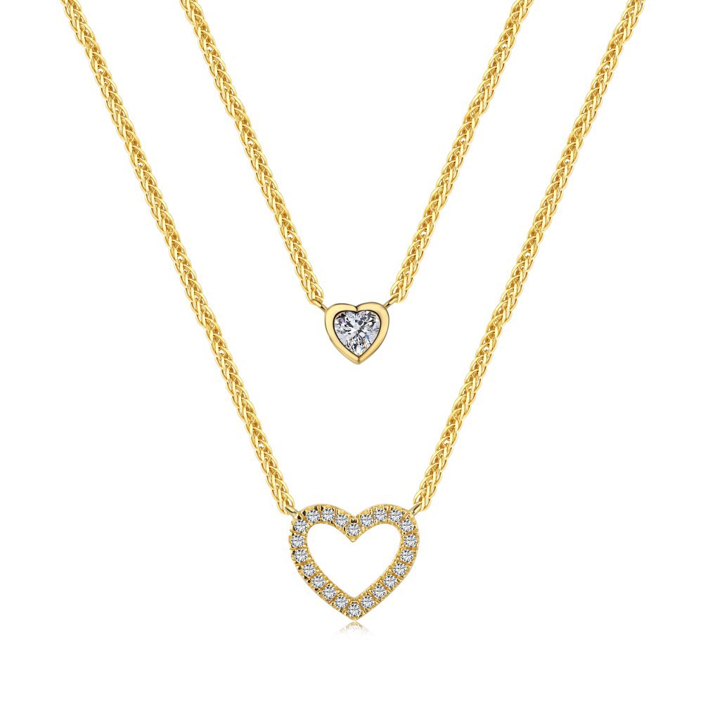 Cz Gold Plated Double Luxury Love And Single Heart Stone Pendant Sterling Silver Necklace