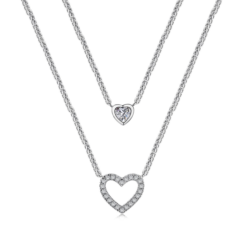 Cz Rhodium Plated Double Luxury Love And Single Heart Stone Pendant Sterling Silver Necklace