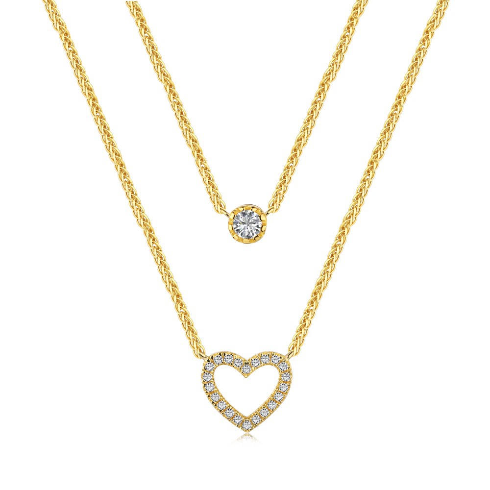 Cz Gold Plated Double Luxury Love And Small Circle Pendant Sterling Silver Necklace