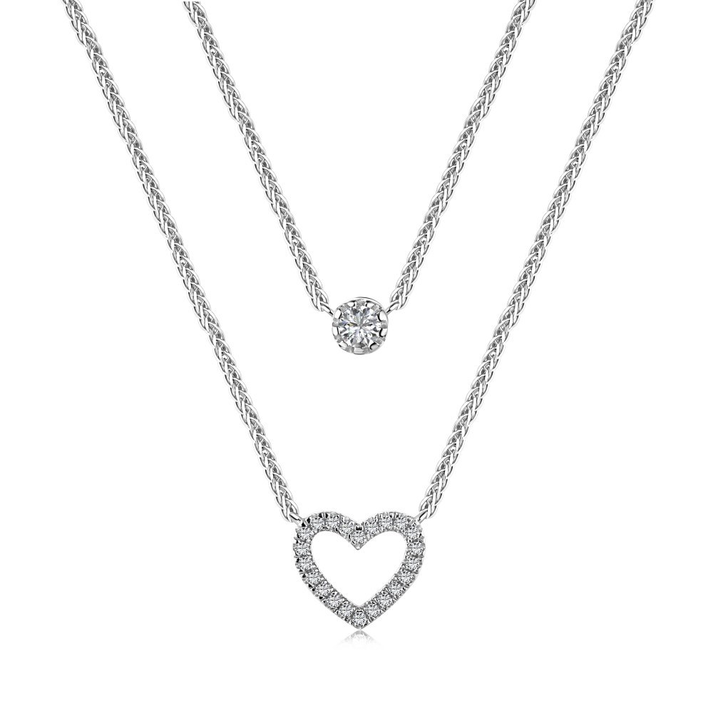 Cz Rhodium Plated Double Luxury Love And Small Circle Pendant Sterling Silver Necklace
