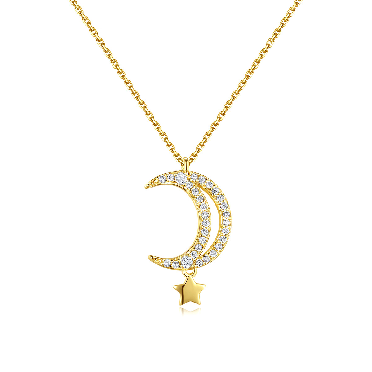 Cz 14K Gold Plated Crescent Star Sterling Silver Necklace