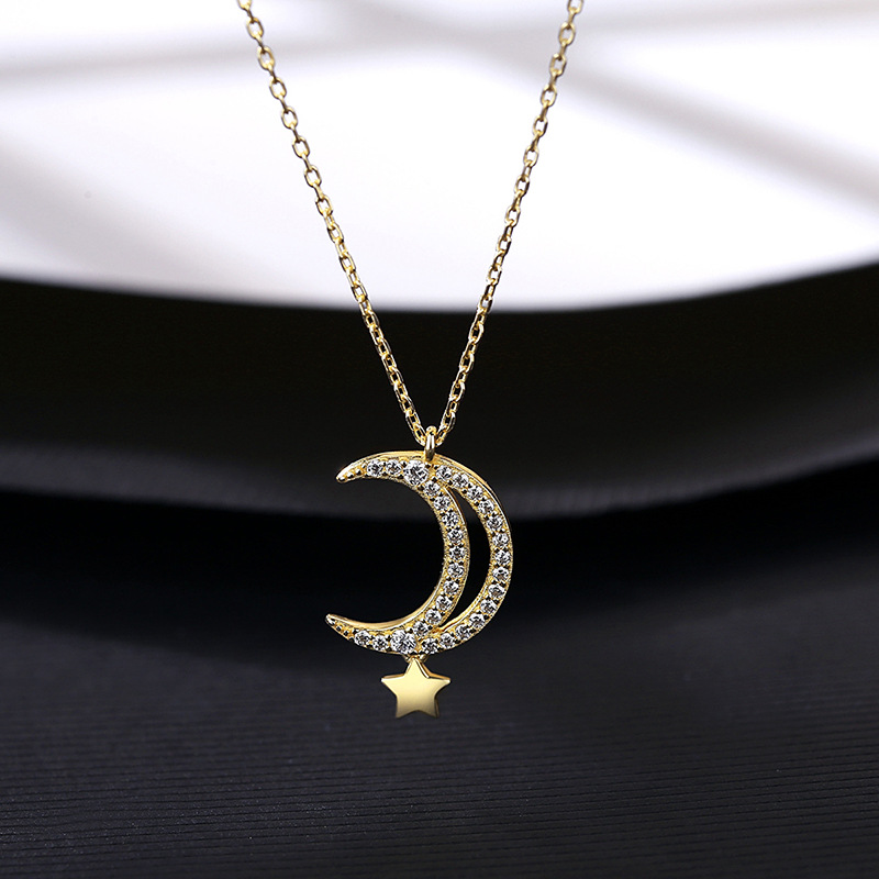 Cz 14K Gold Plated Crescent Star Sterling Silver Necklace