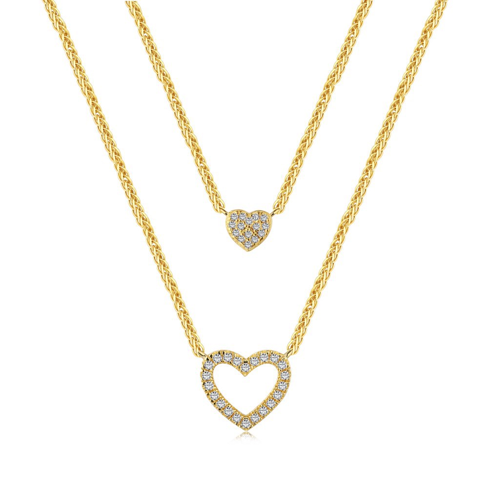 Cz Gold Plated Double Luxury Love And Small Heart Pendant Sterling Silver Necklace