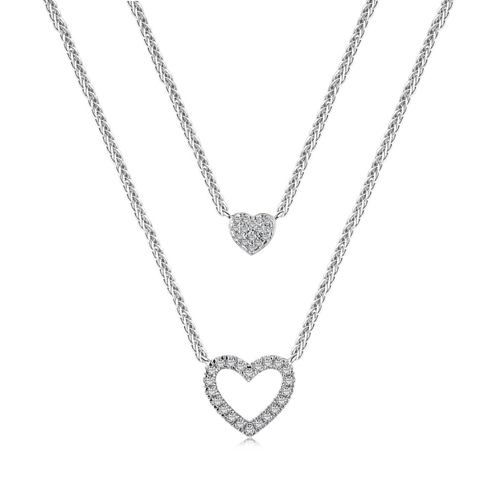 Cz Rhodium Plated Double Luxury Love And Small Heart Pendant Sterling Silver Necklace