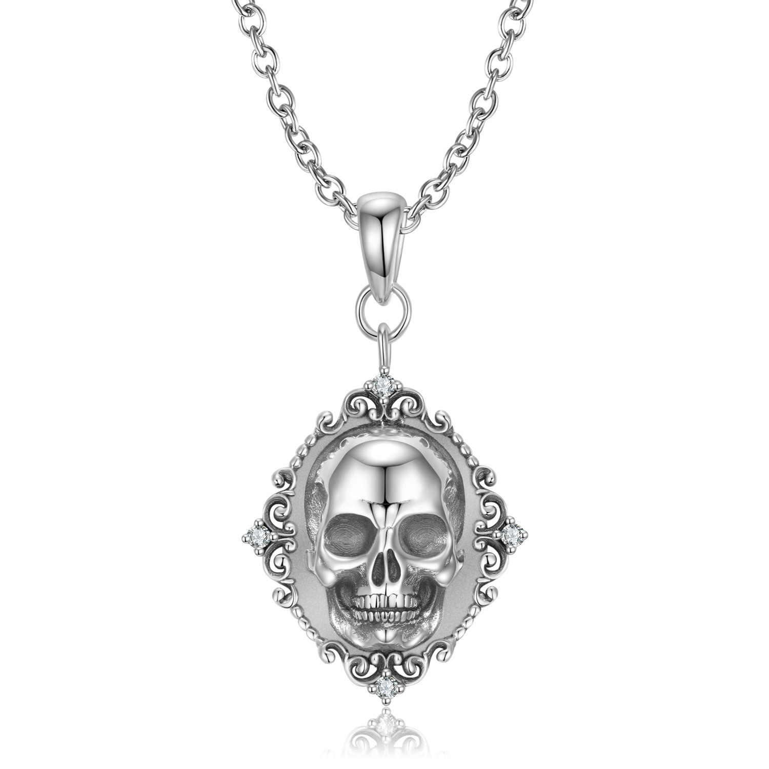 Cz Plain Exquisite Skull Portrait Relief Sterling Silver Necklace