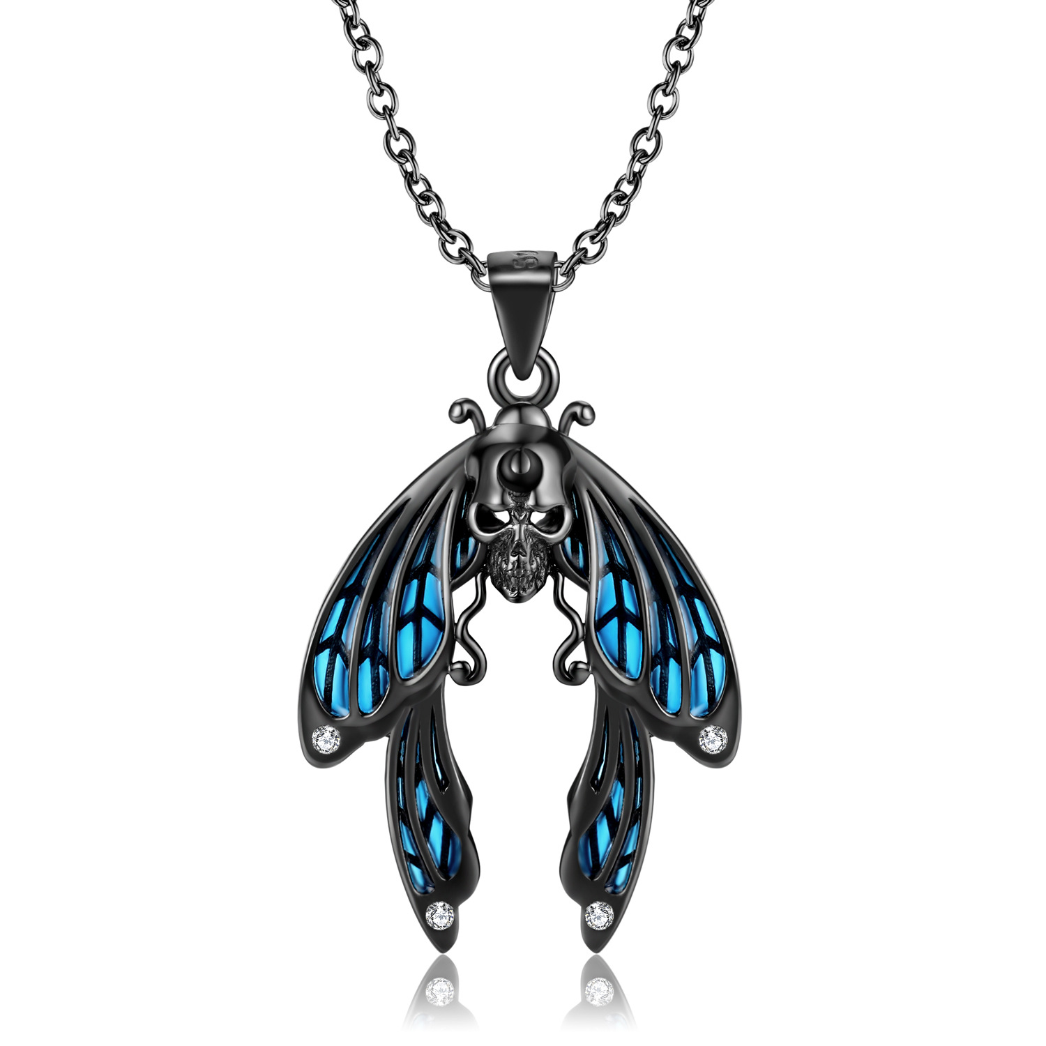 Cz Black Gold Blue Cicada Sterling Silver Necklace