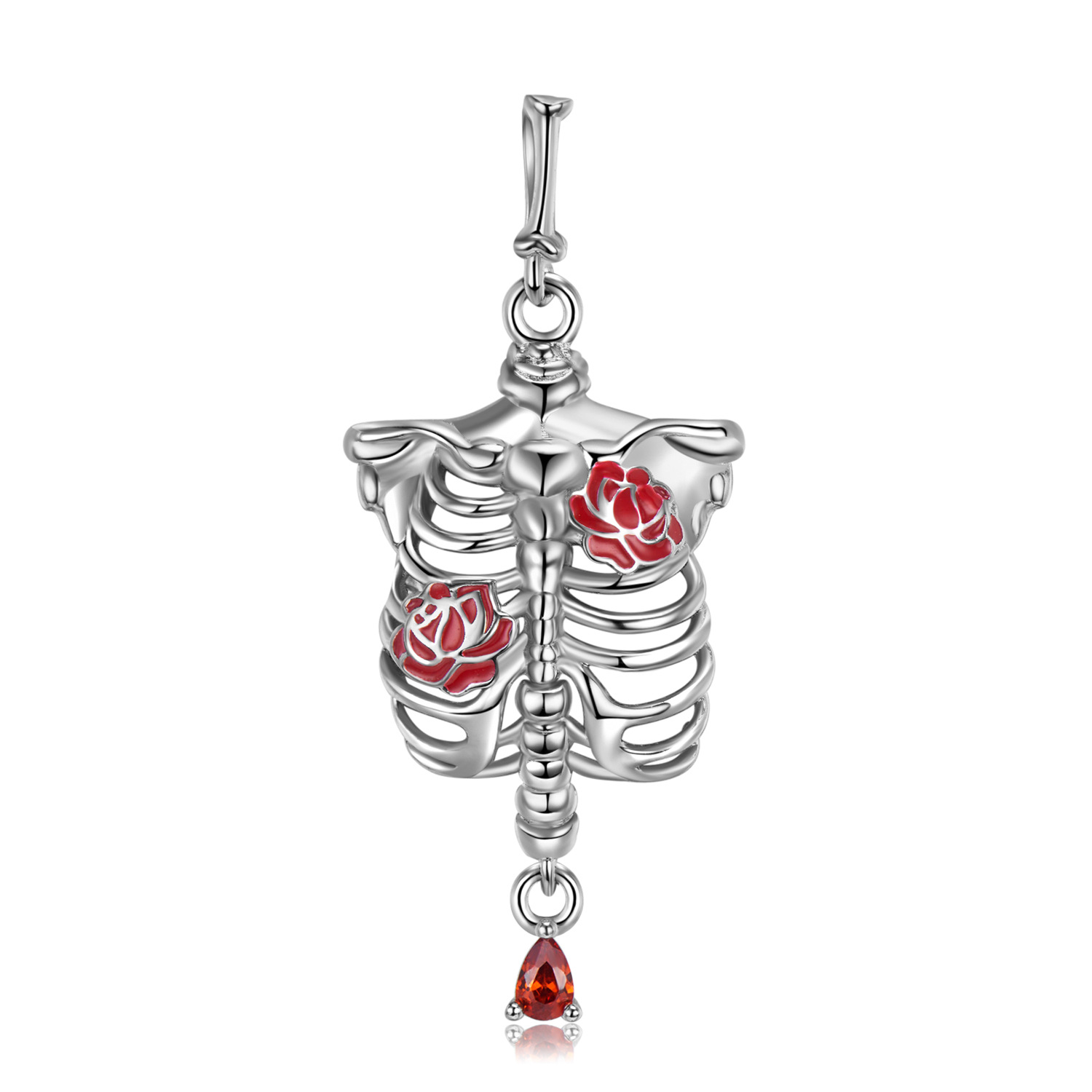 Cz Rose Skeleton Enamel Sterling Silver Necklace