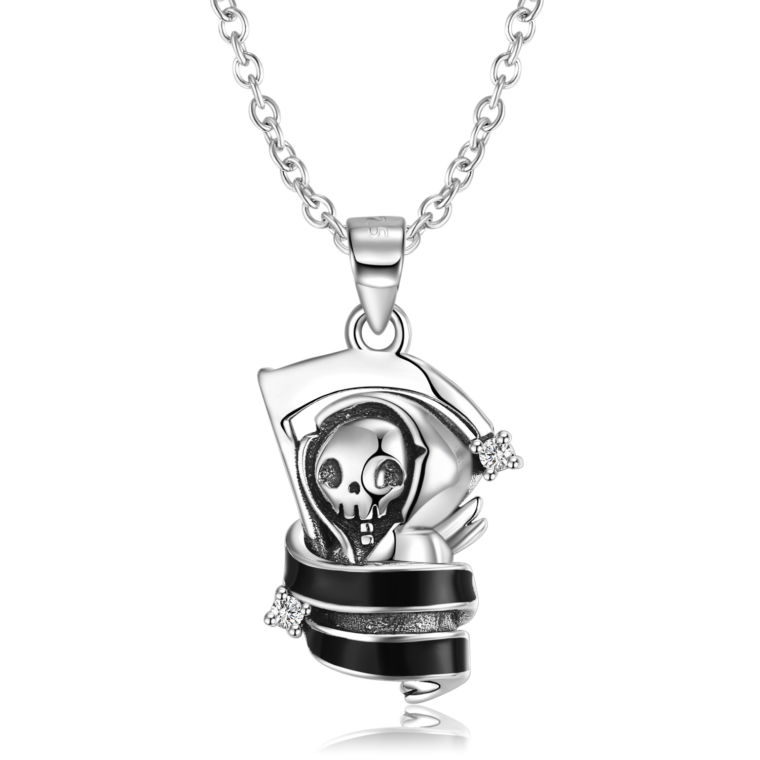 Cz Lovely Scythe Skeleton Sterling Silver Necklace