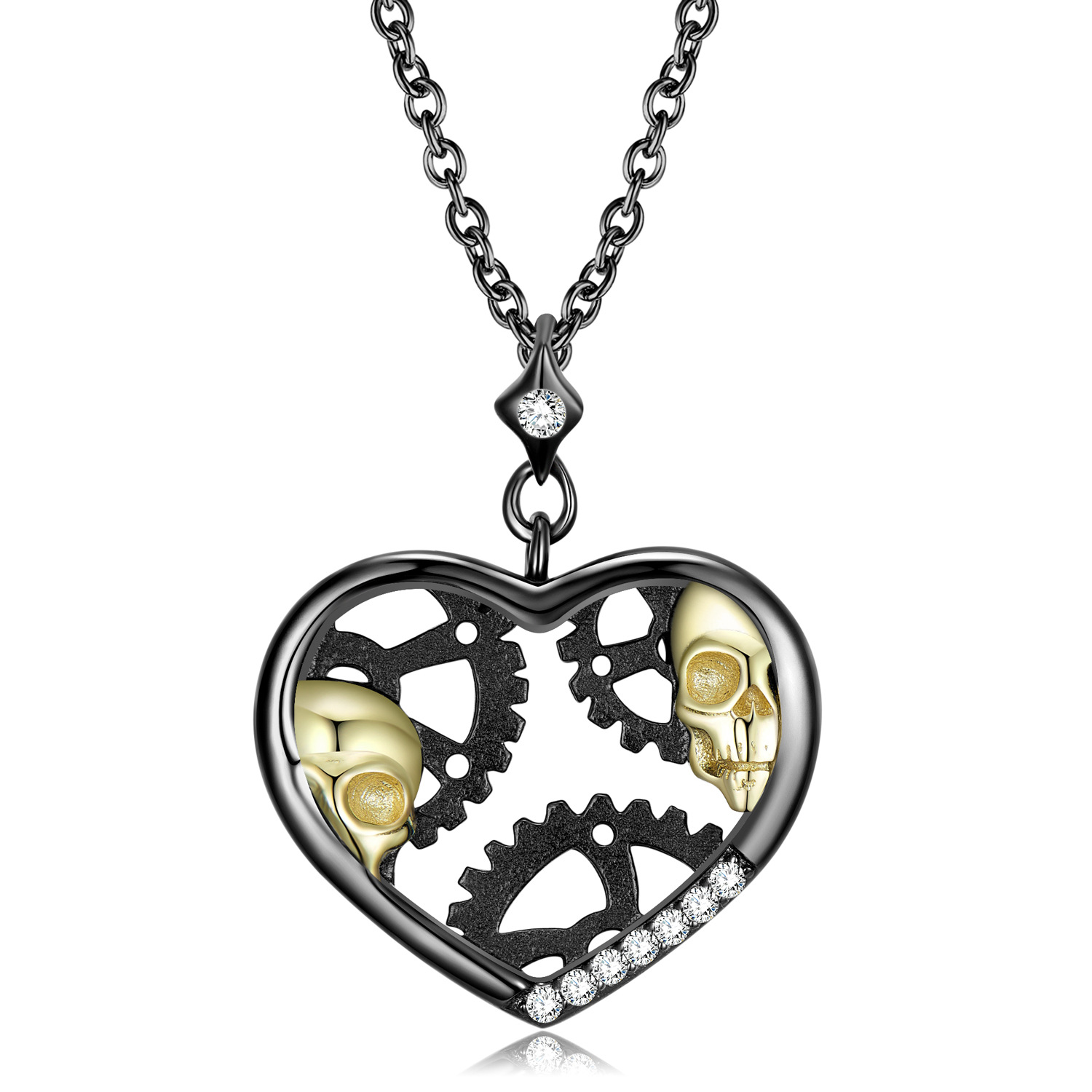 Cz Mechanical Gear Skull Heart Sterling Silver Necklace