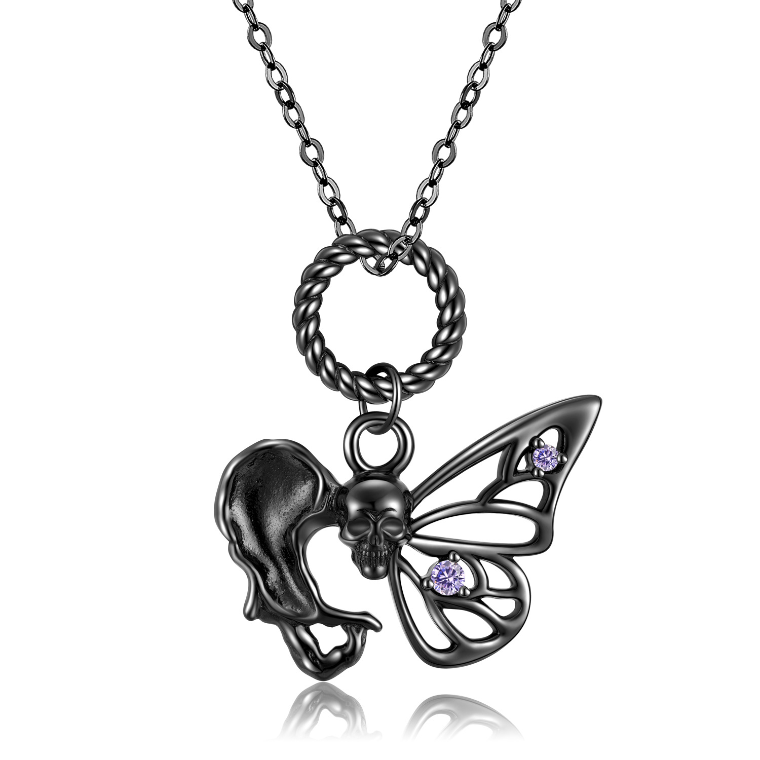 Cz Black Gold Skull Butterfly Sterling Silver Necklace