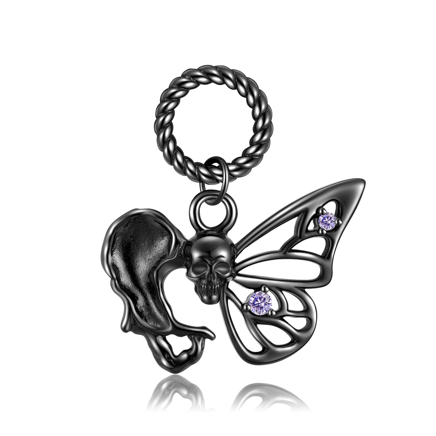 Cz Black Gold Skull Butterfly Sterling Silver Necklace