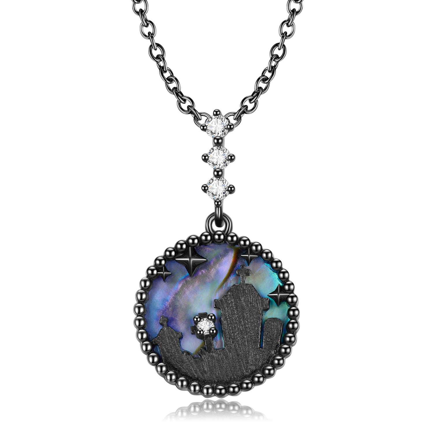 Cz Black Aurora Gravestone Pendanat Sterling Silver Necklace