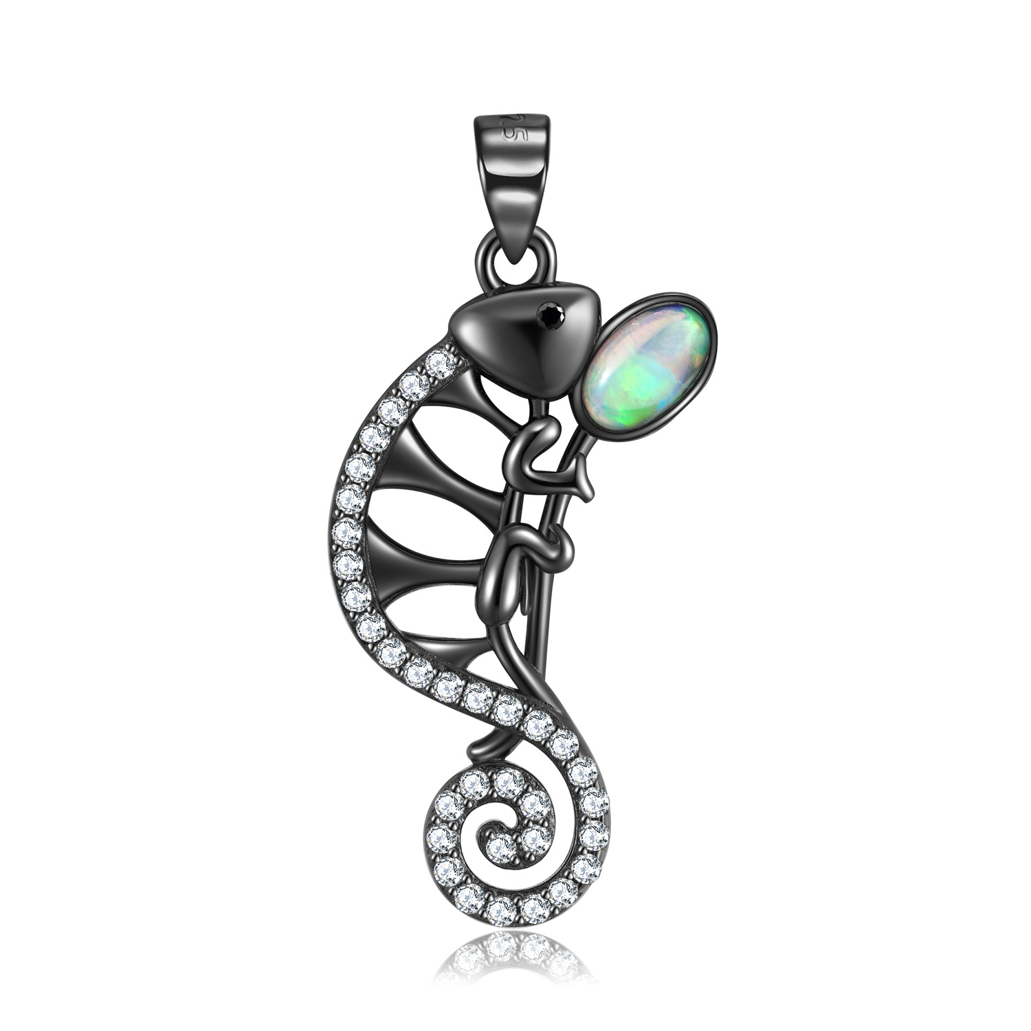 Cz Black Chameleon Inset Synthetic Opal Sterling Silver Necklace