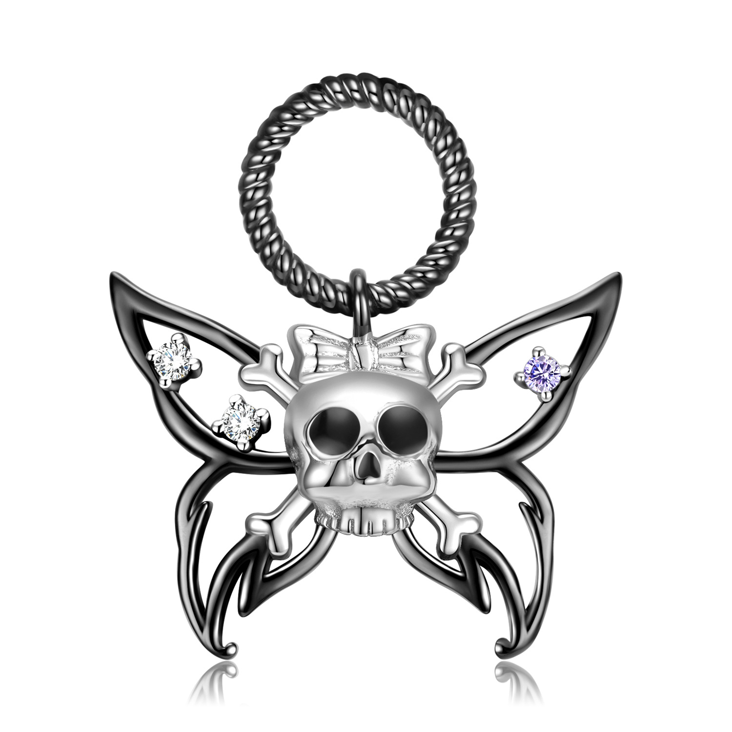 Cz Black Skull Butterfly Pendanat Sterling Silver Necklace