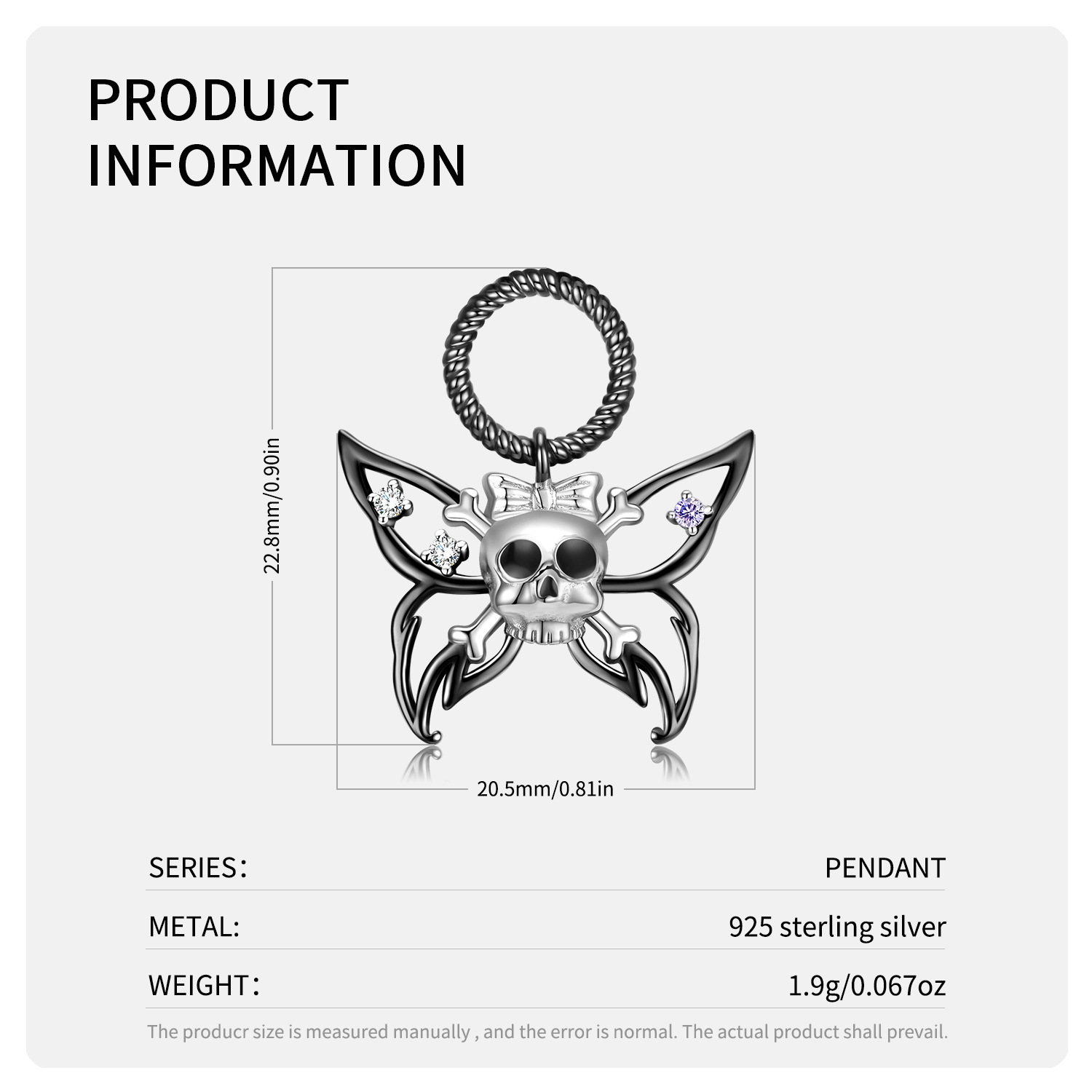 Cz Black Skull Butterfly Pendanat Sterling Silver Necklace