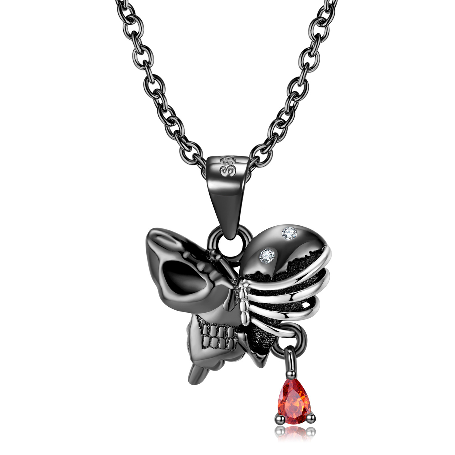 Cz Black Butterfly Skeleton Pendanat Sterling Silver Necklace