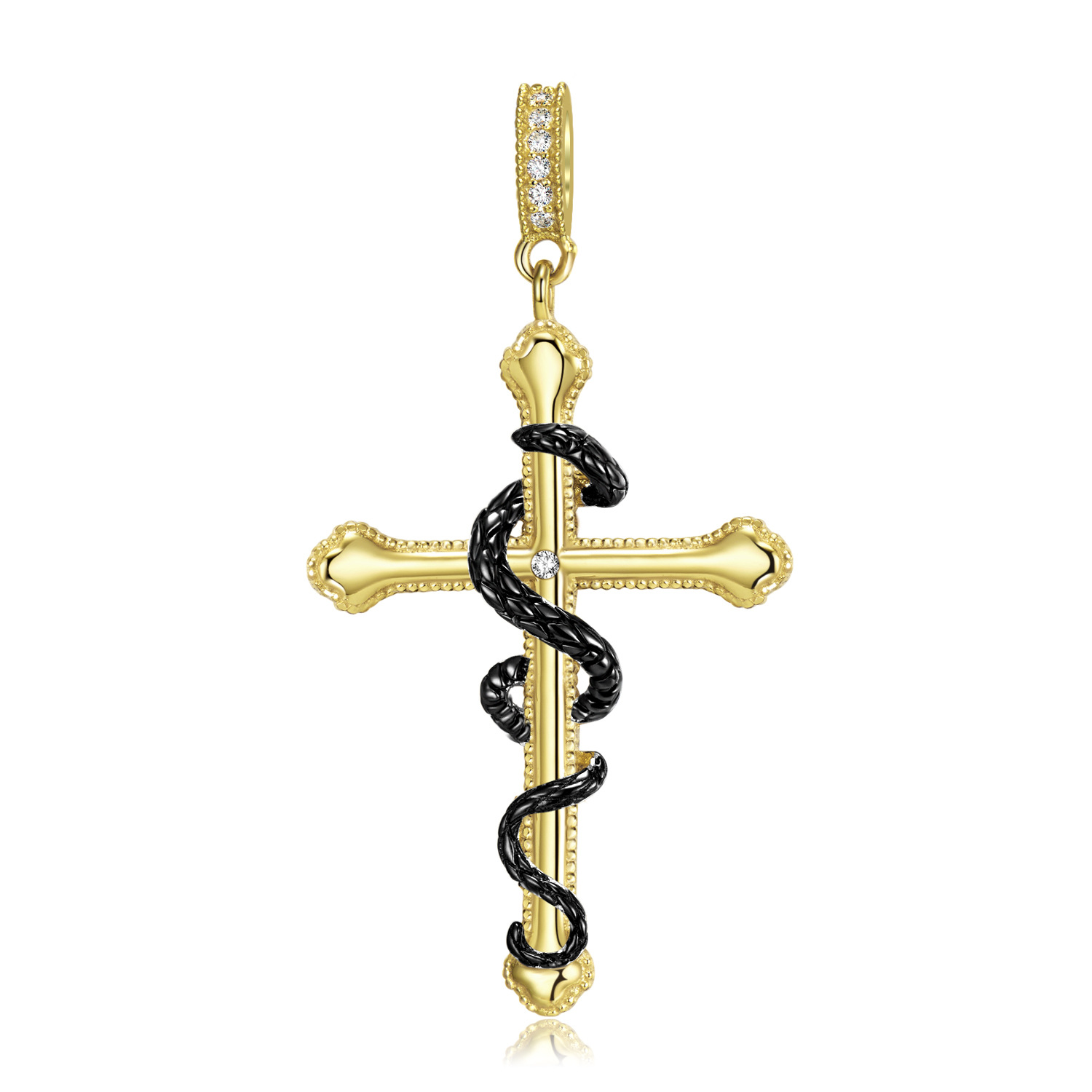 Cz Gold Plated Gilt Snake Cross Pendant Sterling Silver Necklace