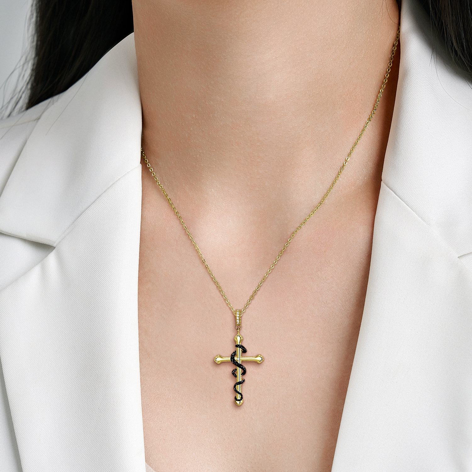 Cz Gold Plated Gilt Snake Cross Pendant Sterling Silver Necklace